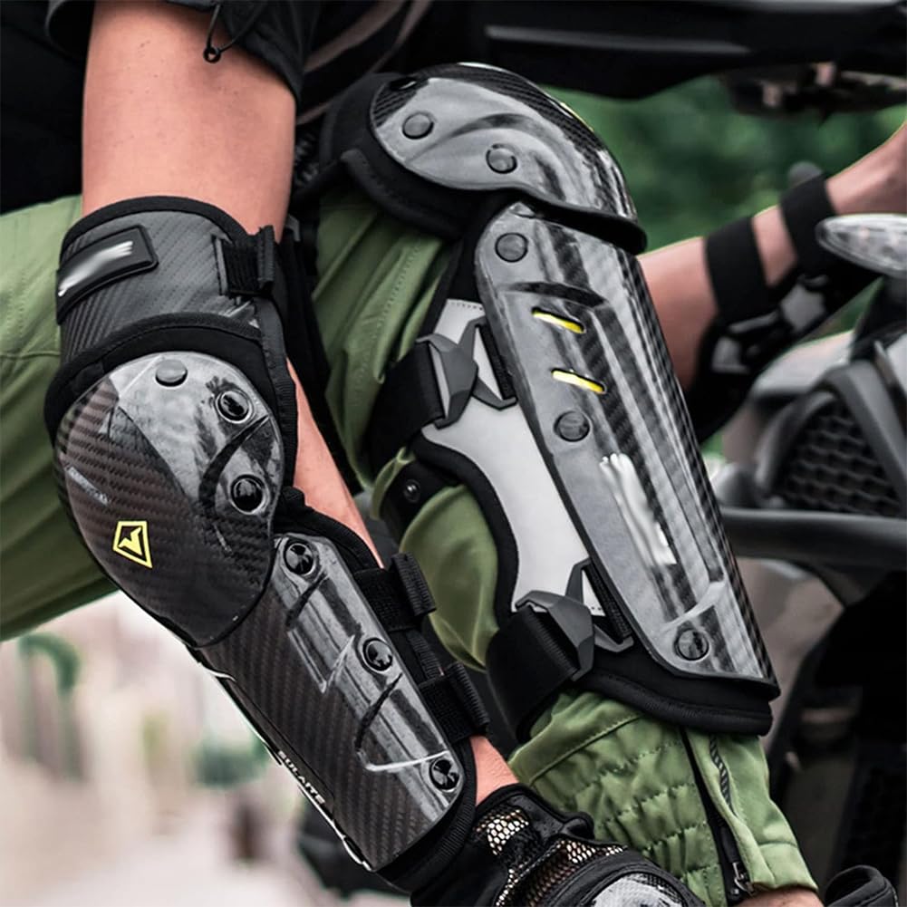 Motorrad Knieschoner, Kohlefaser Motocross Knie- / Ellbogenschützer Nachtreflexions-MTB-Knieschützer Sturzsicher für Snowboarden Reiten Skifahren Motocross Elbow Pads Knee Pads