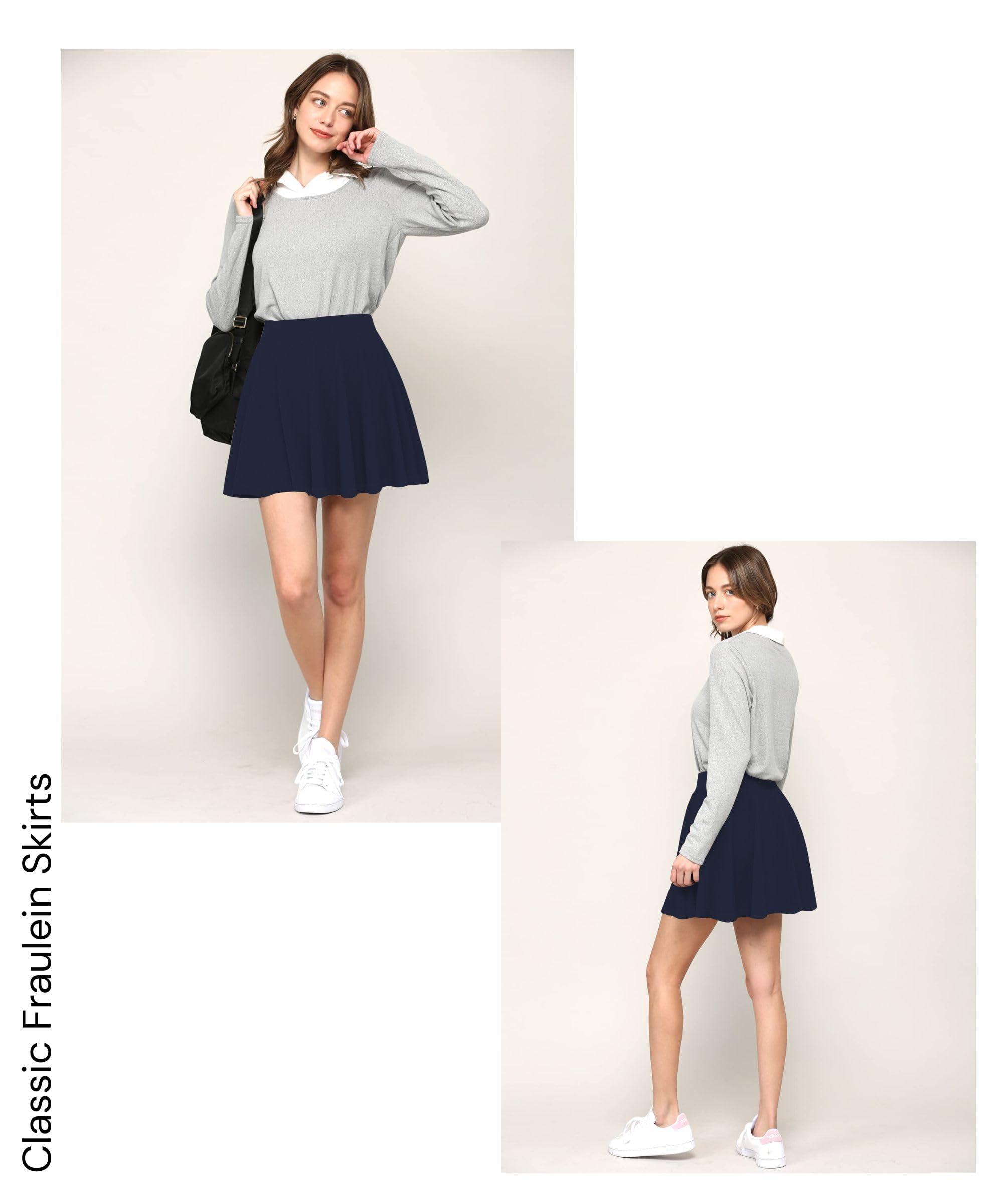 FRAULEIN Girl's/Women's Classic Stretchy All Time Trendy Flared Knee Length Skater Skirts Inbuilt with Inner Safety Shorts (in, Alpha, S, Regular, Navy Blue) 1
