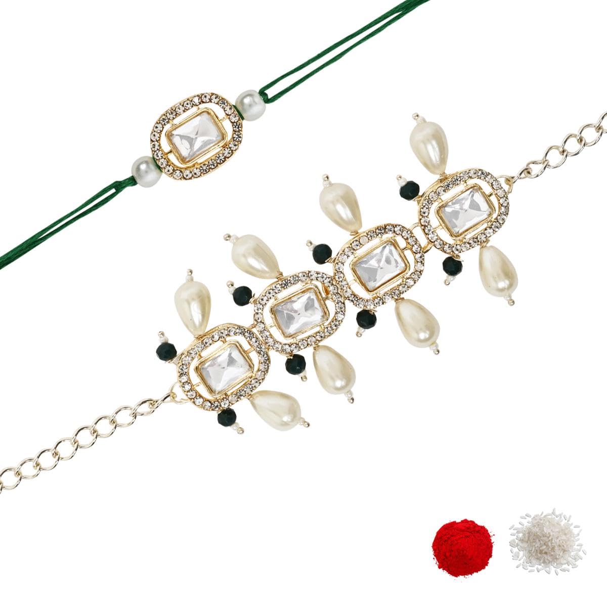 I Jewels Unisex Adult Designer Kundan & Pearl Hanging Bhaiya Bhabhi Lumba Rakhi Bracelet Set With Roli Chawal And Rakshabandhan Card (R155Gr-Co) (B0D7CSJ7HG) Amazon Price History, Amazon Price Tracker