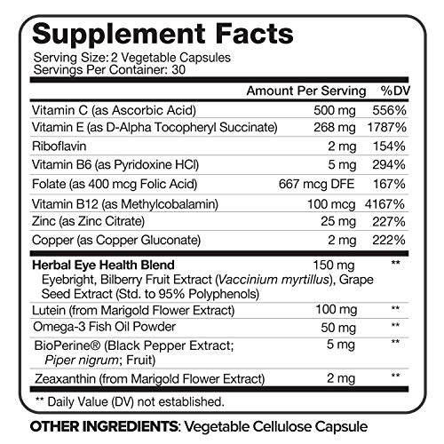Nutrivein AREDS 2 Eye Vitamins - Supports Eye Strain, Dry Eyes - Award Winning Lutein and Zeaxanthin Plus Bilberry Extract - All-Natural Eye Health Booster Supplement for Adults, Kids, Men and Women