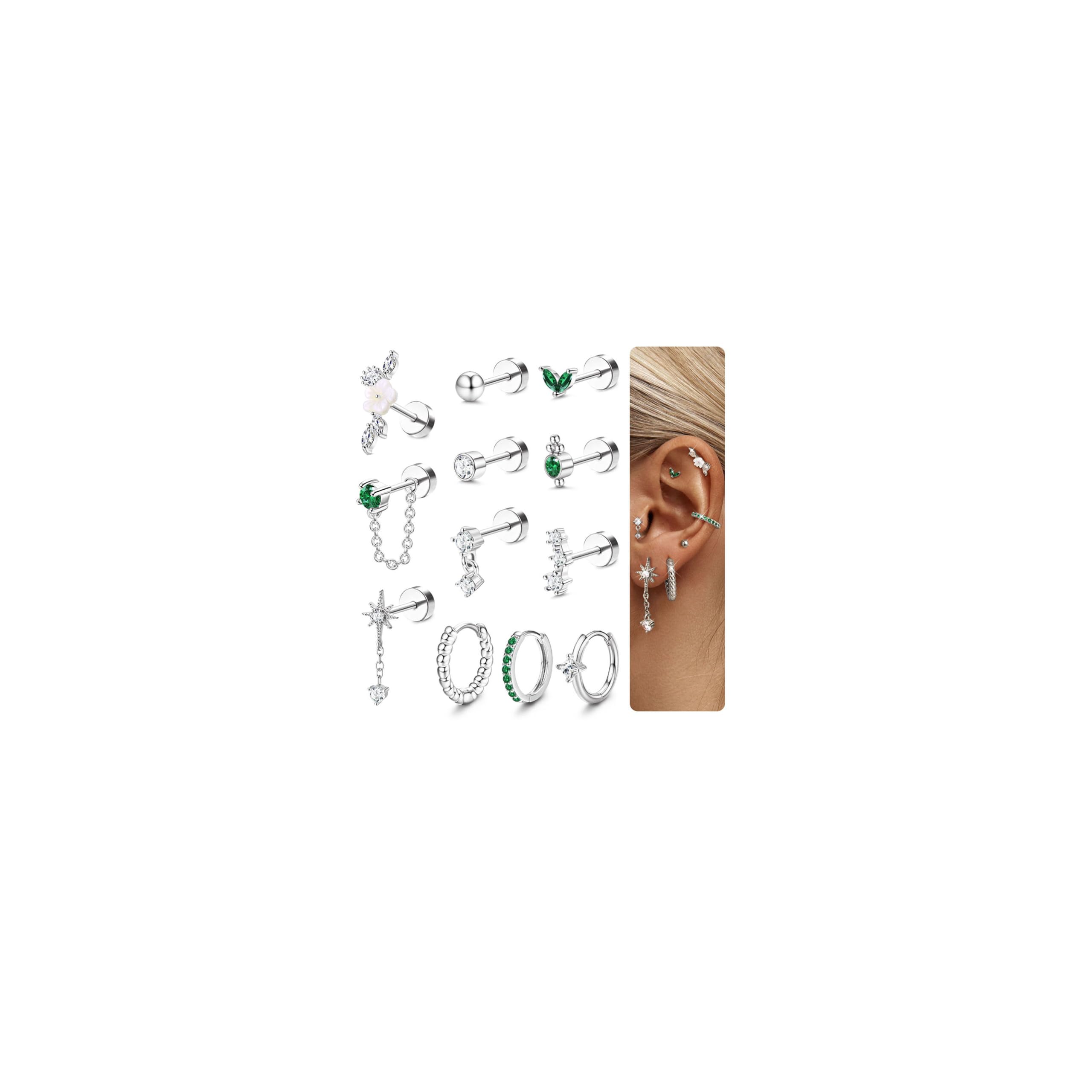 HMJGDHX 12 sztuk Helix Piercing biżuteria srebrne złote kolczyki dla kobiet chirurgiczne stalowe kolczyki z płaskim tyłem Rook Daith Conch Tragus Piercing biżuteria małe Helix Hoop kolczyki na