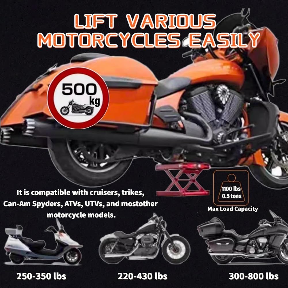 Podnośnik motocyklowy, podnośnik nożycowy, 500 kg, z szerokim pokładem, regulacja wysokości 9-36 cm, stojak centralny do naprawy roweru z kluczem zapadkowym i uchwytem korbowym