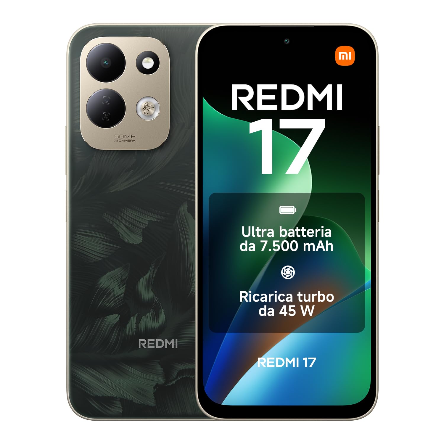 REDMI 17, Smartphone 4+128GB, Verde Rovere, Batteria 7500 mAh, Ricarica 45W | Resistente Corning® Gorilla® Glass 7i, Display Immersivo 6,9″, Potente MediaTek Helio G91-Ultra, Doppia Fotocamera AI 50MP