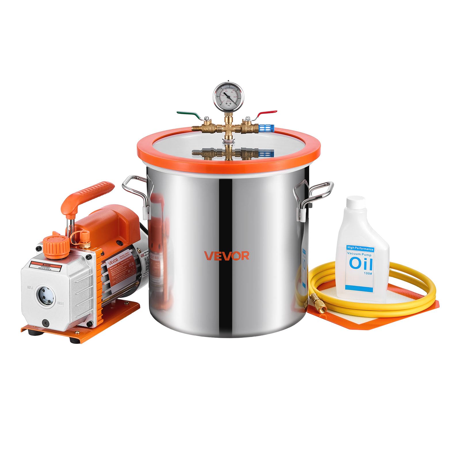 VEVOR Vakuumpumpe mit 11,4 L Vakuumkammer, 3,5 CFM 99 L/min, 1-stufige Unterdruckpumpe 180 W, Vacuum Pump Kit, 1,5 m Schlauch, zur Stabilisierung von Holz und Entgasung von Silikonharz