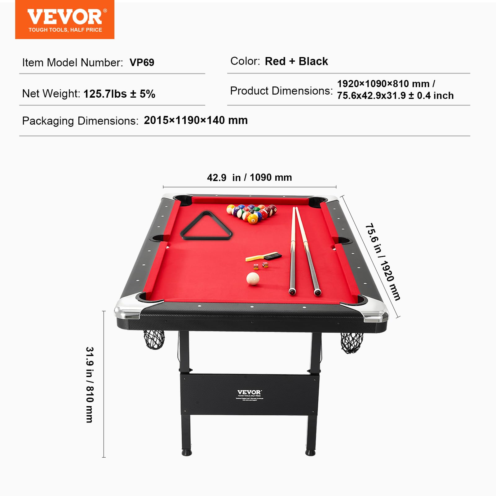 VEVOR Tavolo da Biliardo 1,9 m, Tavolo Portatile e Pieghevole, Set da Biliardo con Palline, Stecche, Gesso, Nero con Panno Rosso, Perfetto per la Sala Giochi della Famiglia, Bambini e Adulti