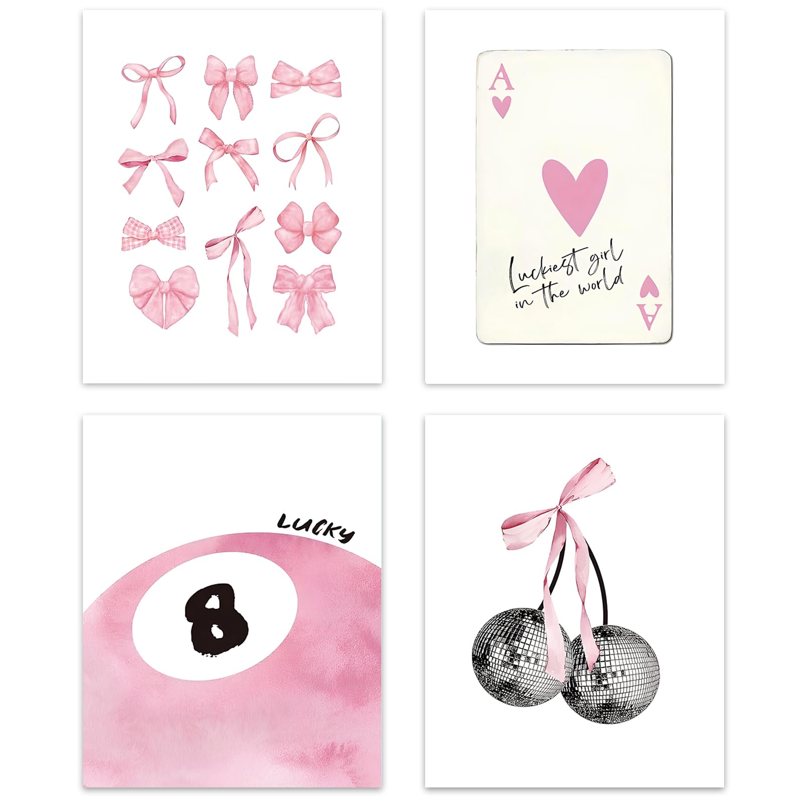 BHGNEJN Pink Bow & Disco Ball Wall Art - Set of 4 8x10in Unframed Prints, Preppy Girls Bedroom Decor, Boho Dorm Room Posters with Glitter Accents