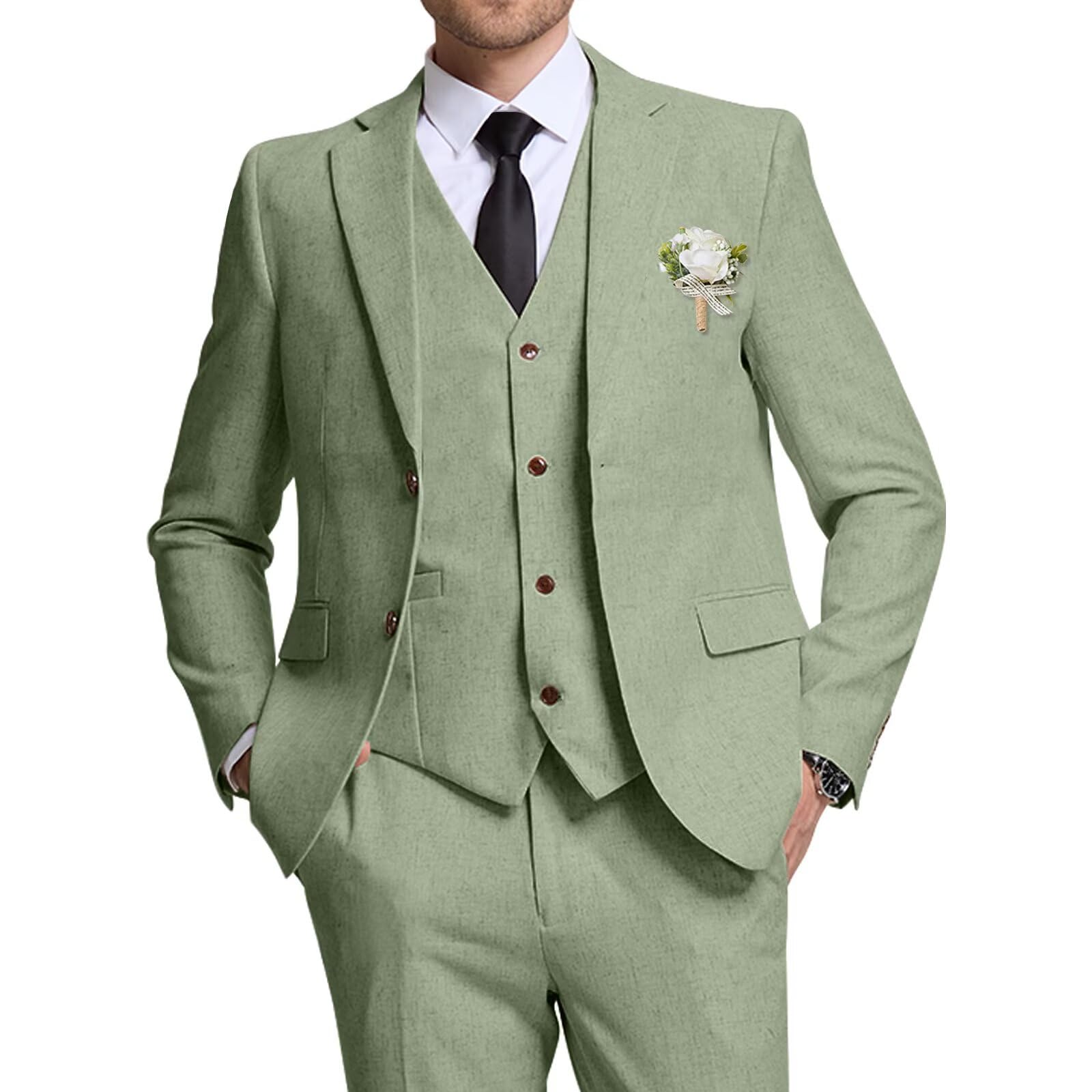 High-End SuitsRetro Blue Linen Suit for Men Casual Wedding Suit for Men Seersucker Suit Slim Fit 3 Pieces Jacket Blazer Groom Tuxedo