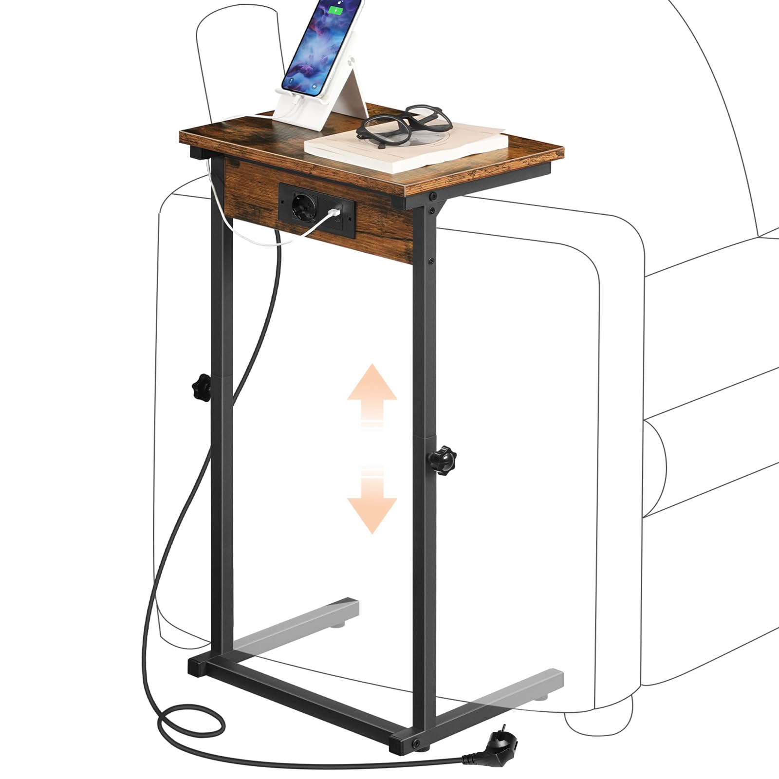 HOOBRO C-Form Beistelltisch mit Ladestation, höhenverstellbarer Beistelltisch mit Steckdose, Sofatisch, Couchtisch für Wohnzimmer, Schlafzimmer, Arbeitszimmer, Vintagebraun und Schwarz EBF71CSF01