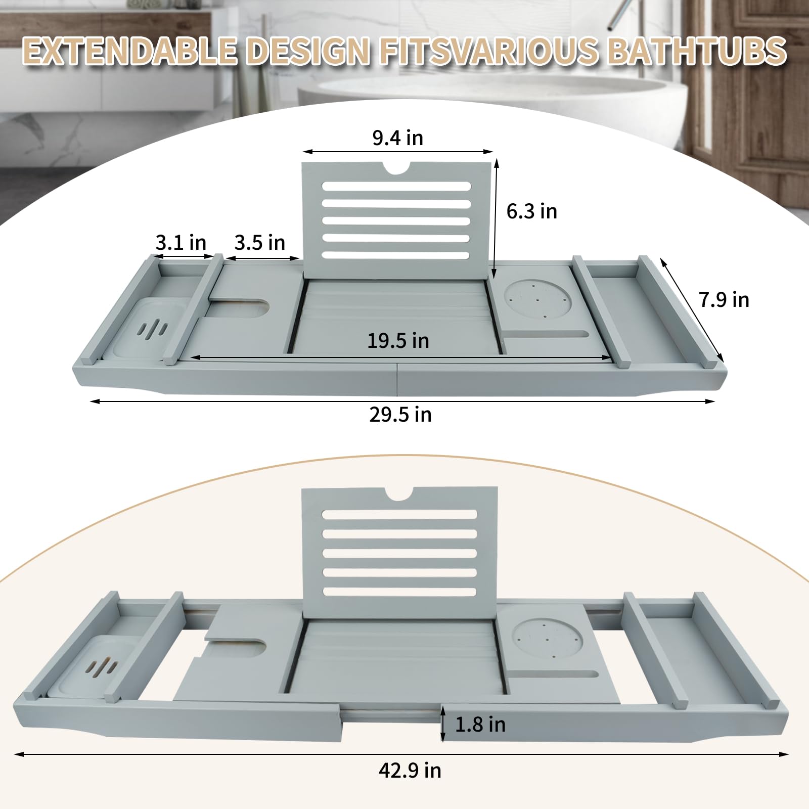 Bathtub Tray Caddy,Bamboo Bathroom Accessories,Expandable Bath Tray,Can be Placed Book and Integrated Tablet Smartphone and Wine Holder,Relaxing Gifts for Women(Light Grey)