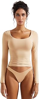 SUUKSESS Camisetas básicas ajustadas de doble forro para mujer, cuello redondo, manga larga