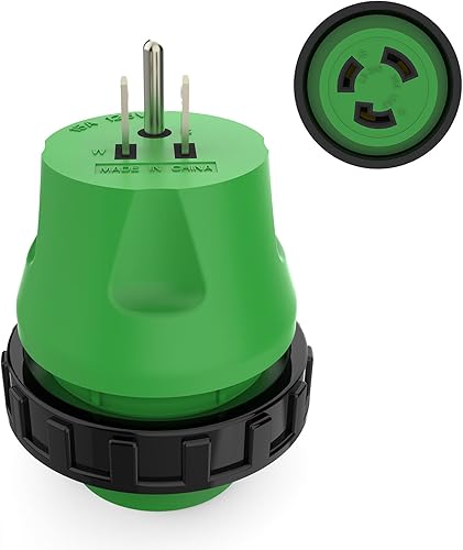 RVGUARD Adaptador RV de 30 amperios a 110 voltios con conector de bloqueo, adaptador de corriente eléctrica NEMA 5-15P a NEMA L5-30R, verde