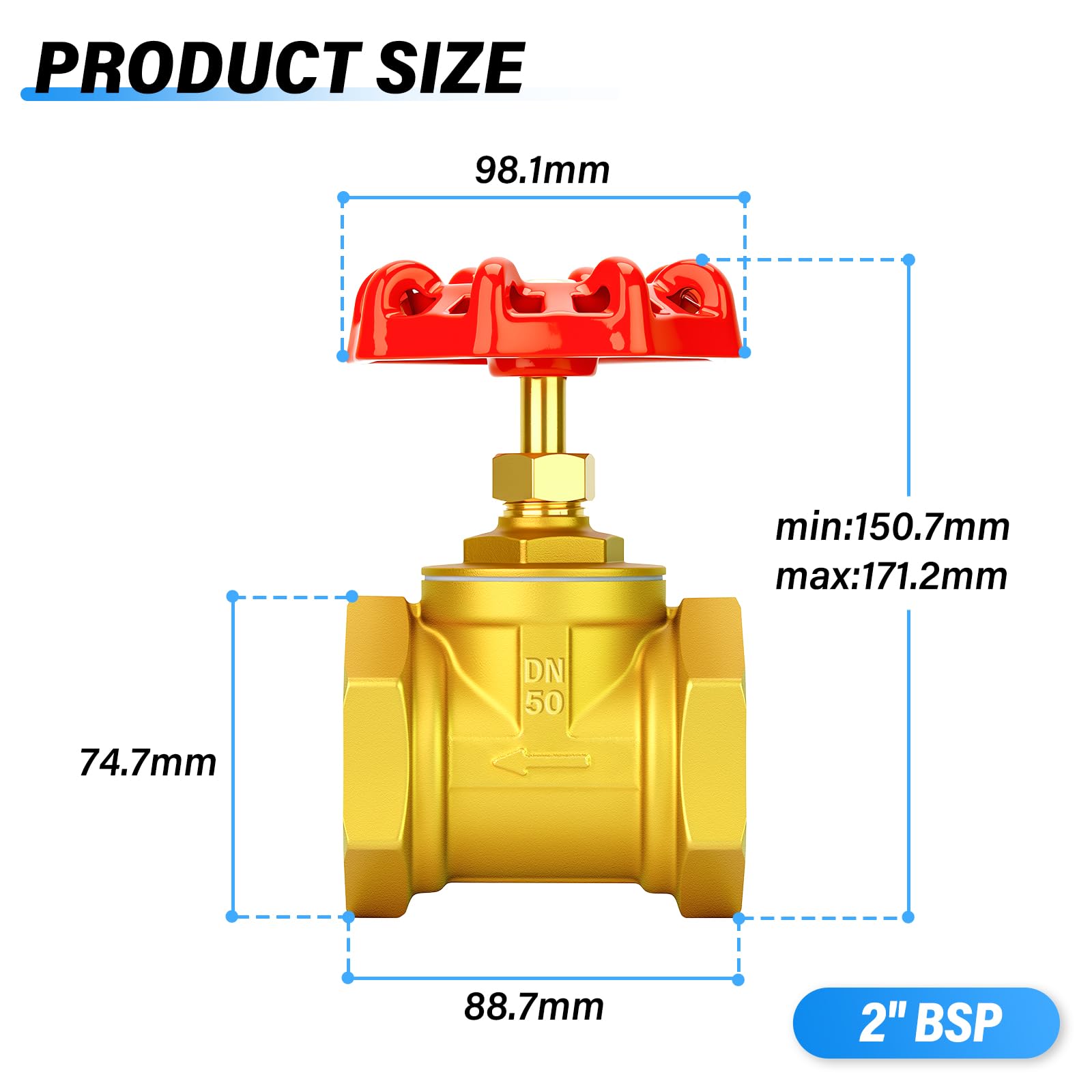 TAILONZ PNEUMATIC 1PCS Messing industrielles Durchgangsventil, DN50 2" Innengewinde mit Radgriff, Heavy Duty Globe Valve Tool für Wasser, Öl, Gas