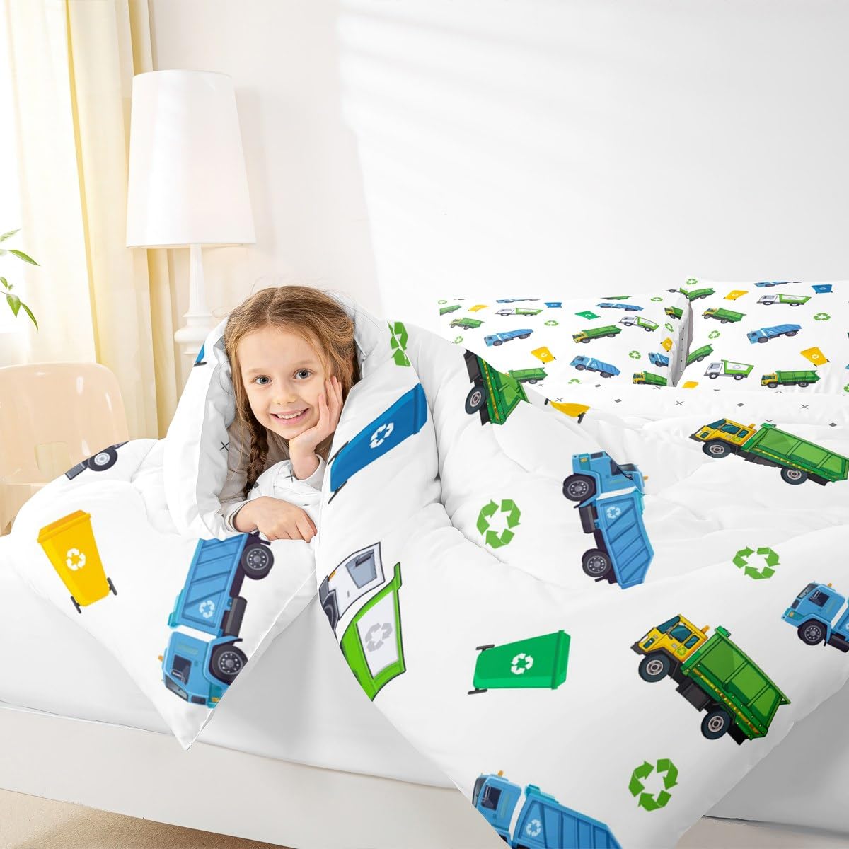 Juego de edredón de camión de basura, tamaño individual, juego de ropa de cama de coche de dibujos animados para niños, adolescentes, niñas, decoración de habitación infantil, suave, blanco, verde,