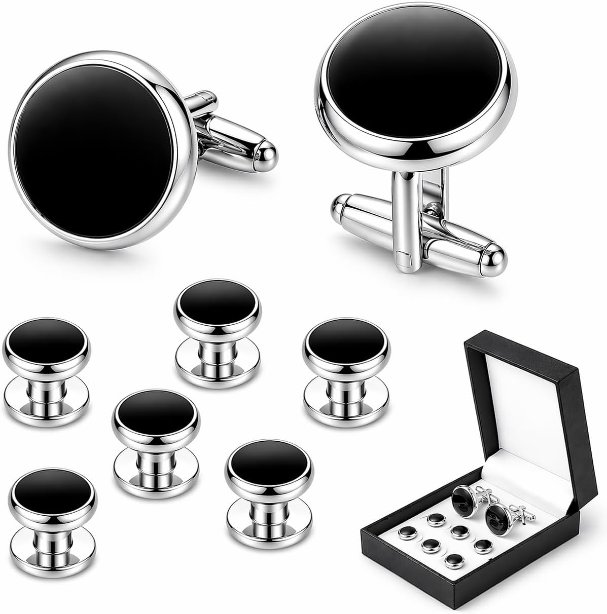 Men's Cufflinks & Tuxedo Studs Set - 316L Stainless Steel Formal Wedding Jewelry, Groomsmen Gift Set with Gift Box