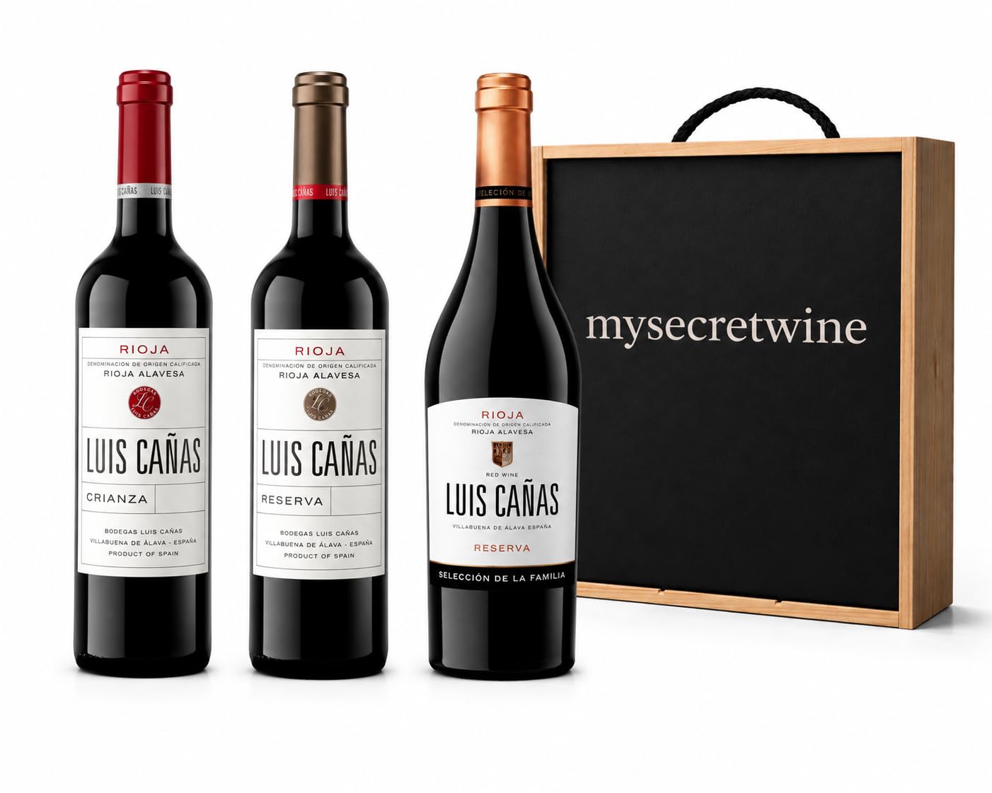 Pack Luis Cañas Rioja Alavesa – Crianza, Reserva y Selección de la Familia – 3 Botellas de Vino Tinto + Caja de Madera MySecretWine – D.O.Ca. Rioja – Pack Regalo