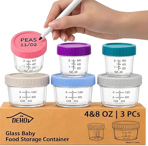 Dehov 6 Stück Babynahrung behälter, 4/8oz Glas Babybrei Einfrieren Behälter | Beikost Baby Zubehör, Sichere Lebensmittel, Mikrowellengeeignet, Gefriergeeignet, Auslaufsichere Behäl