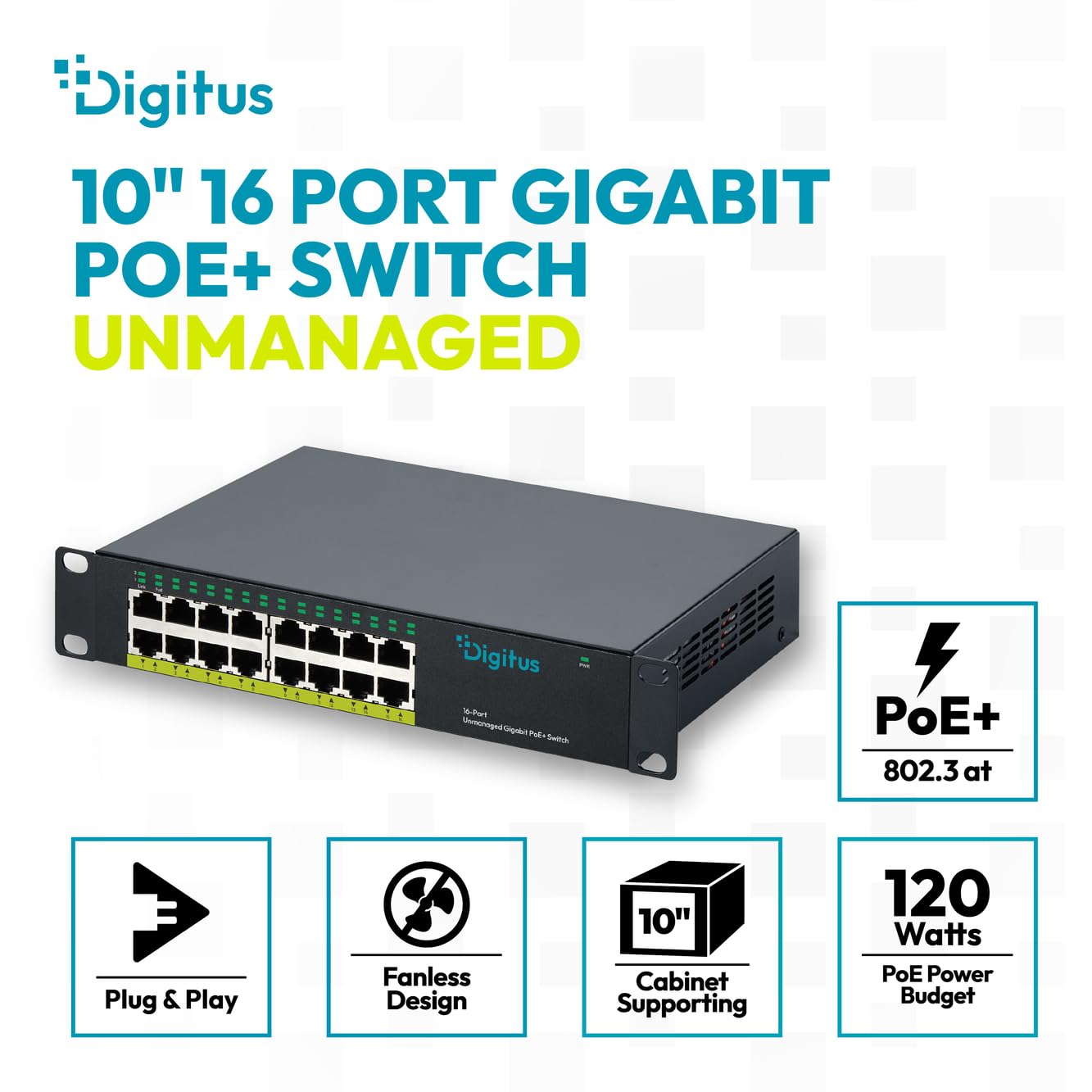 DIGITUS Switch di rete PoE+ – 10 pollici, 1U – 1 Gbit/s – 16 porte RJ45