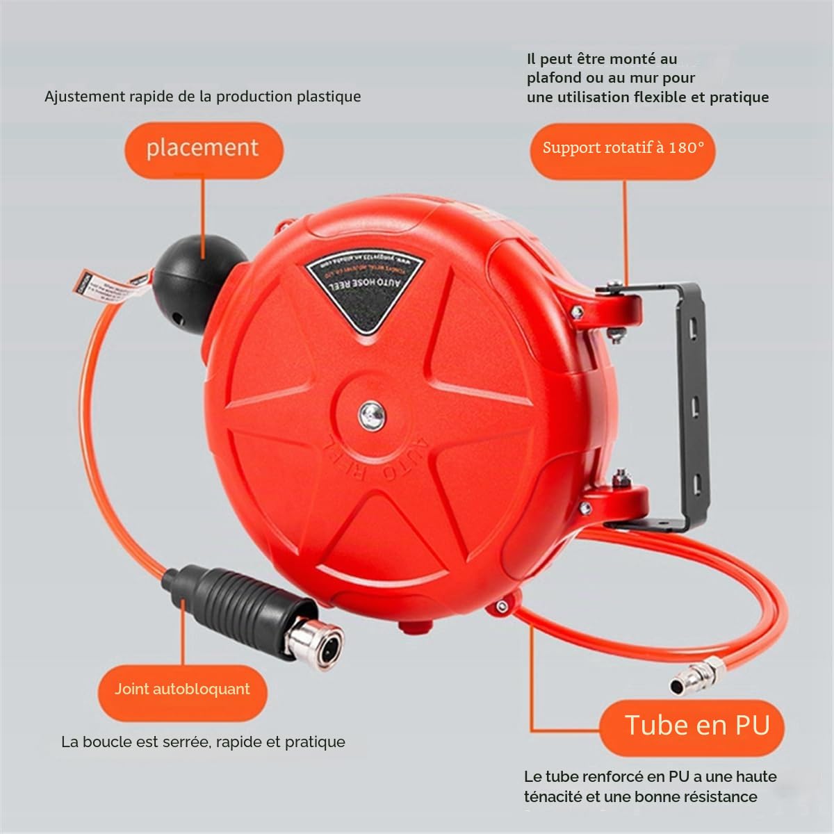 Enrouleur de tuyau d'air rétractable - 10 m - mural - Outil de tuyau d'air automatique avec support pivotant - Accessoire de compresseur d'air