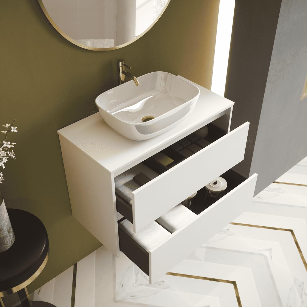 Mueble de Baño Suspendido con Lavabo Sobreponer Cerámico | Mueble Volado 2 Cajones | 60 cm Blanco Mate