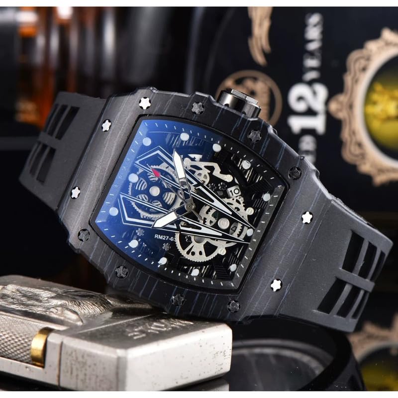 Image of Richard Hot-Selling Colorful Wood Grain Bull Style Barrel-Shaped Fashion Watch - Large Dial Pointer, Stainless Steel, PU Strap, Alloy Case, Black Color