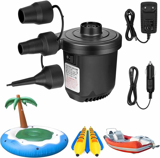 Electric Air Pump for Inflatables with Car Adaptor, Portable Quick Air Pump with 3 Nozzles, Perfect Inflator/Deflator Pumps for Outdoor Camping, Inflatable Cushions, Boats, Swimming Ring