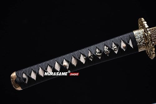 Vista 2 de MURASAME Katana Sword T10 - Maquinilla de afeitar de acero templado de 41 pulgadas, hoja afilada, espiga completa hecha a mano Tema Dragón Gris