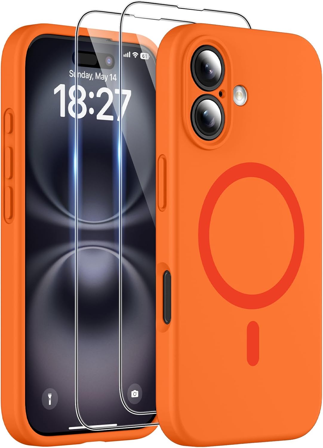 magnetic for iphone 16 plus case, compatible with magsafe, two 9h screen protectors, full camera protection, military-grade protection silicone phone cover for 16 plus 6.7", orange orange magnetic iphone 16 plus