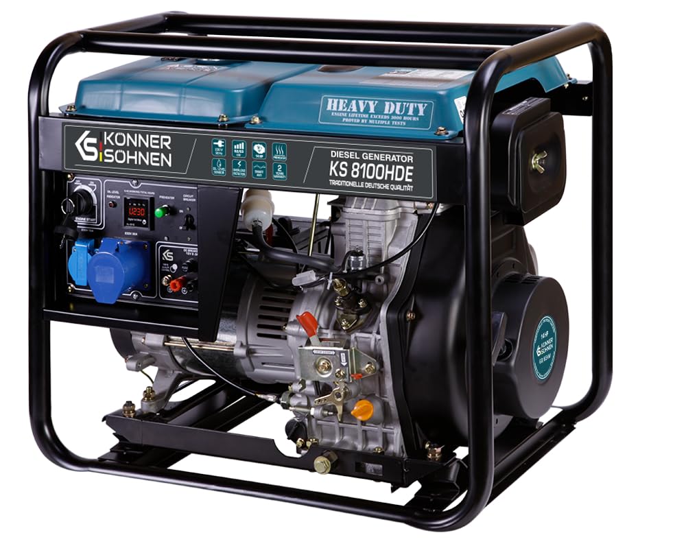 Könner & Söhnen KS 8100HDE Groupe électrogène avec horloge diesel 14 CV 4 temps avec démarreur électronique, régulateur de tension automatique 230 V, préchauffeur, affichage LED, 1 x 16 A, 1 x 32 A