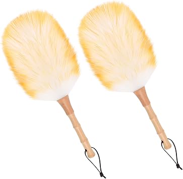 Lambswool Duster for Cleaning with Solid Wooden Handle Leather Hang Strap 14.9 inch Natural Feather Duster for Cleaning Ceiling Fans Window Blinds Computer Furniture2 Pack
