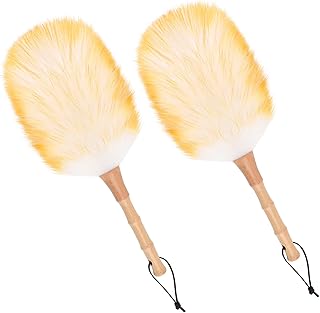 Lambswool Duster for Cleaning with Solid Wooden Handle Leather Hang Strap 14.9 inch Natural Feather Duster for Cleaning Ceiling Fans Window Blinds Computer Furniture(2 Pack)
