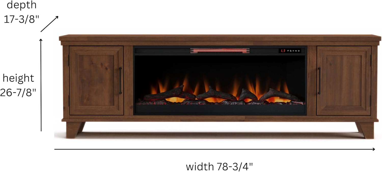 Realcozy Sonoma Transitional 79 inch Electric Fireplace TV Stand Entertainment Center, for TVs up to 90 inches, Solid Wood, Whiskey Finish
