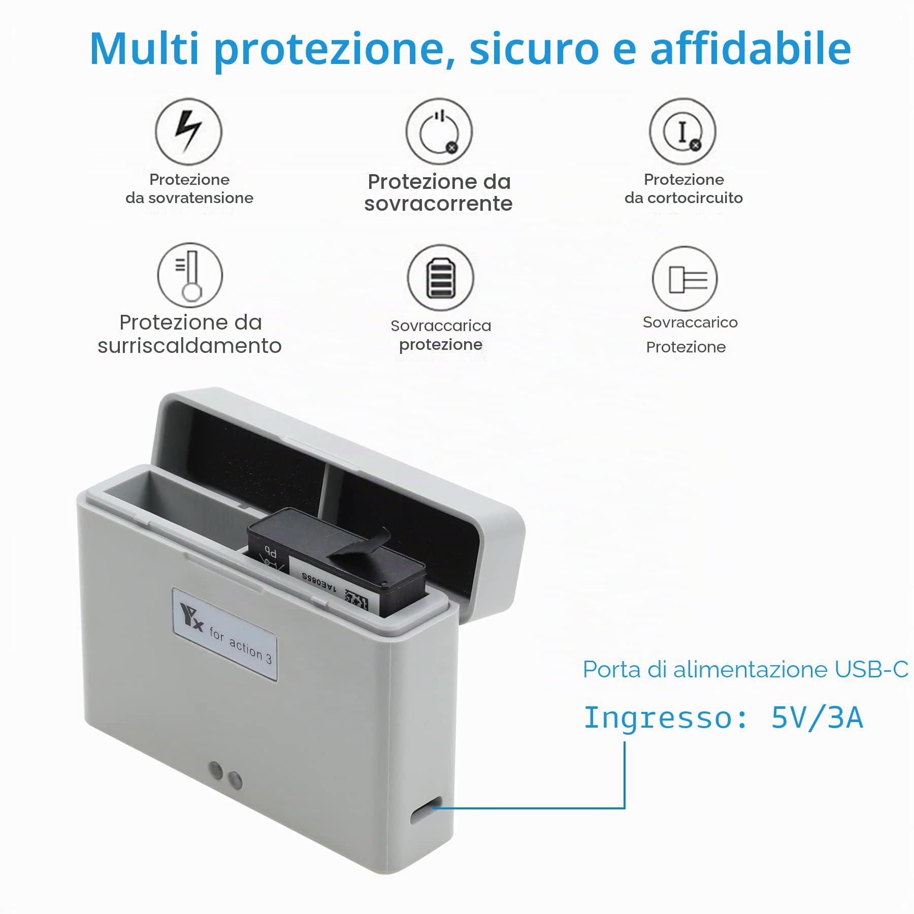 Caricabatterie per DJI Action 3/Osmo Action 4,Caricatore Ricarica 2 Batterie,Stazione di Ricarica Carica Batteria Accessori