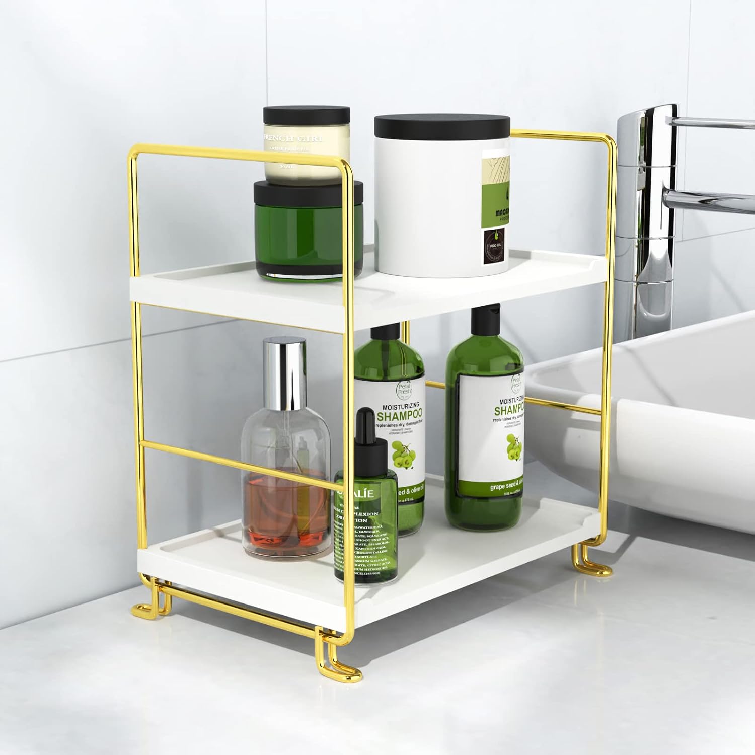 2-Tier Bathroom Countertop Organizer Perfume Organizer Makeup Shelf Bedroom Storage Tray or Kitchen Spice Rack (Gold)