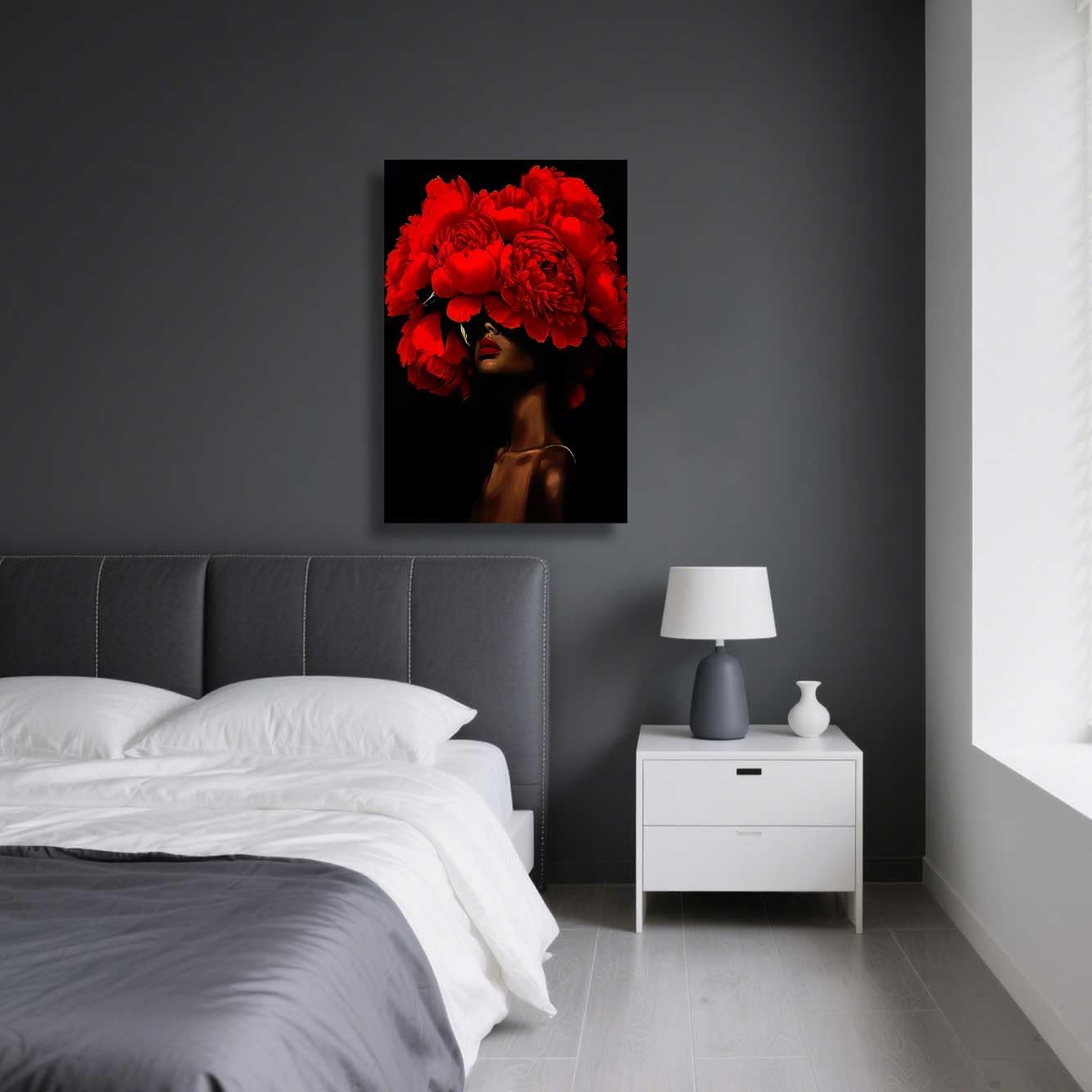 ZSHARTSWD African American Canvas Wall Art Black Woman with Flowers on Head Picture Abstract Black Girl Painting Prints for Girls Room Bathroom Decor Framed (Red, 24L x 16W)