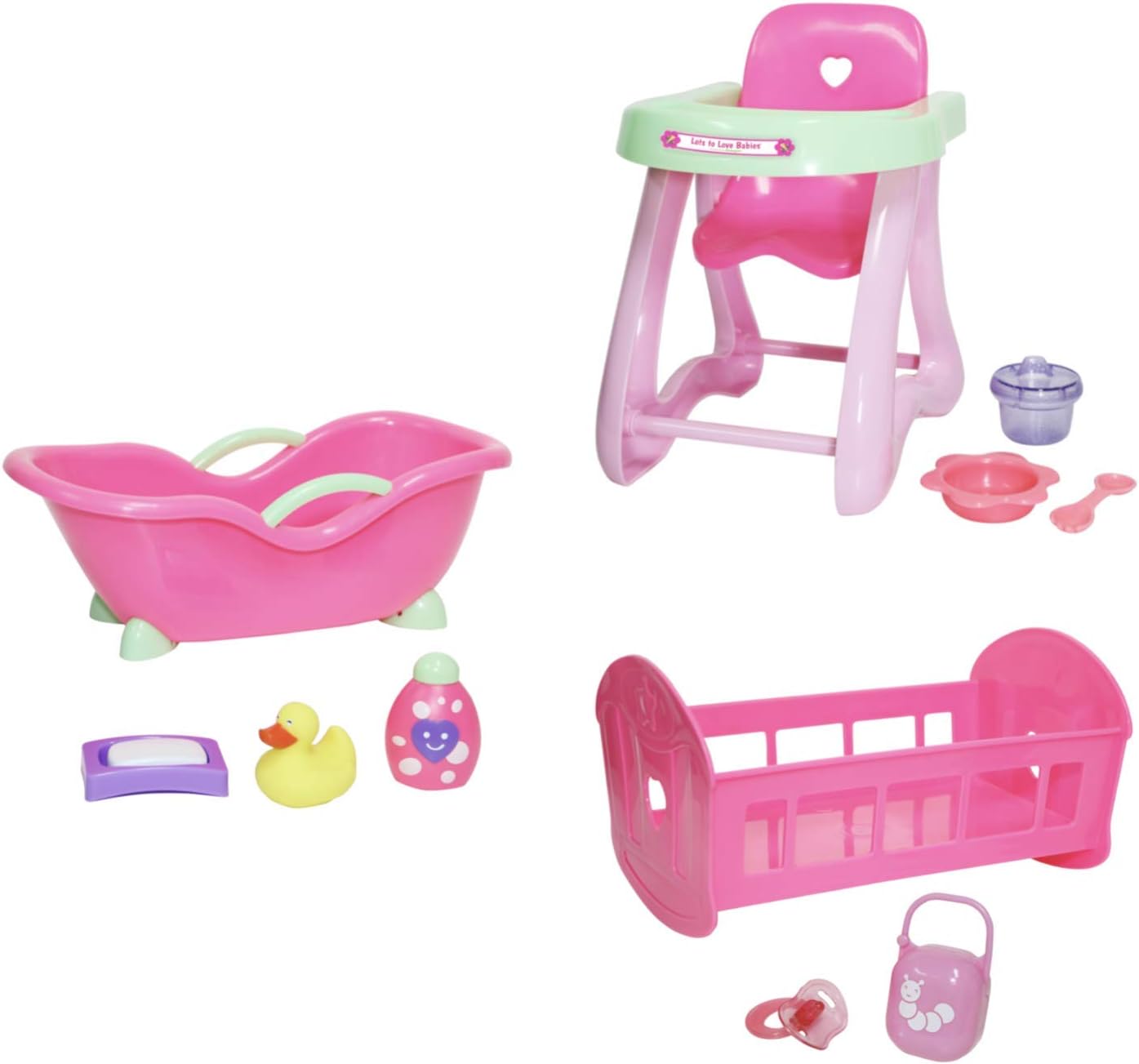 JC Toys Deluxe Doll Accessory Bundle High Chair, Crib