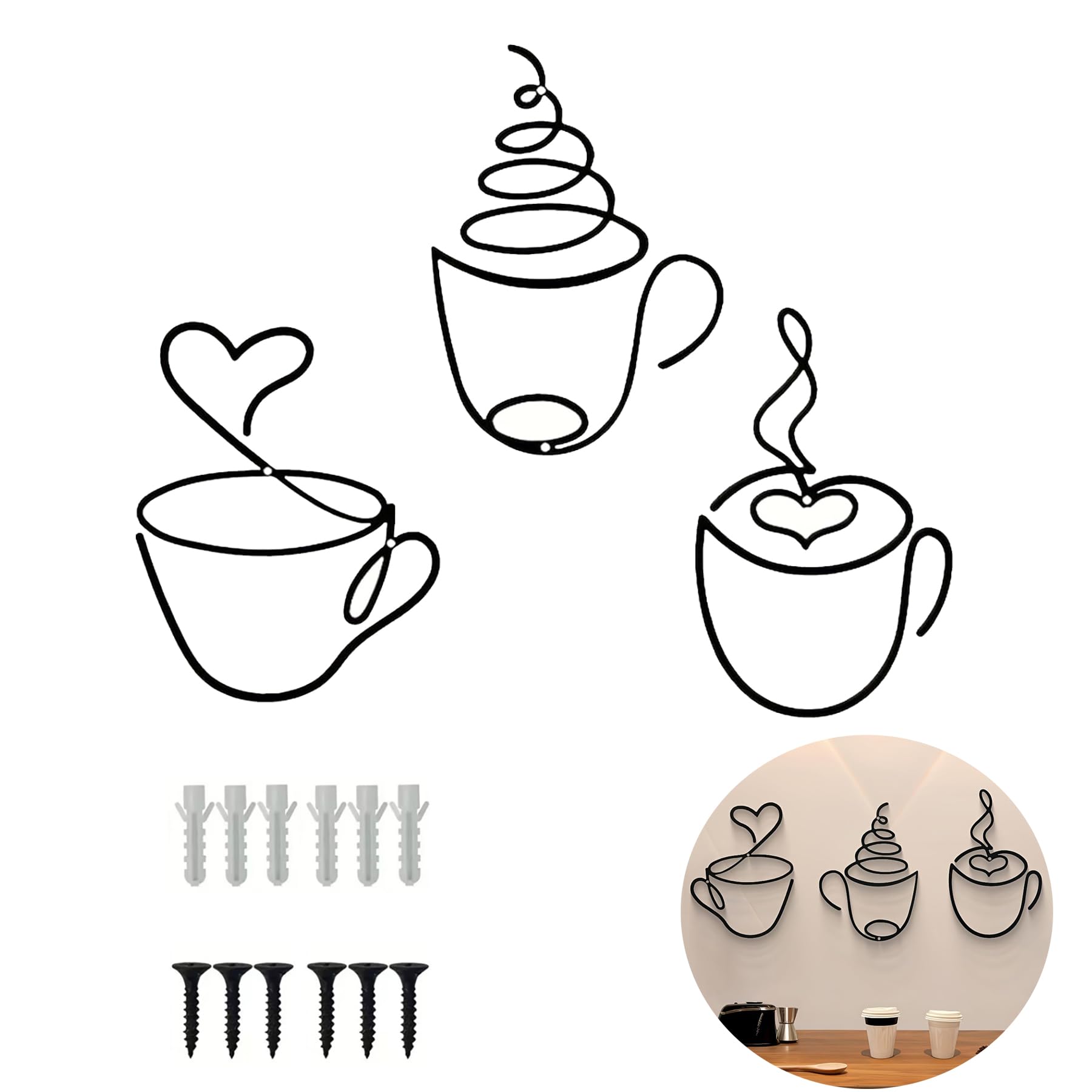 AXXIMENG 3PCS Coffee Cup Metal Wall Art Simple Line Metal Wall Ornament Cafe Cup Silhouette Hanging Decoration Coffee Bar Signs for Living Room Kitchen or Cafe Modern Interior Decoration