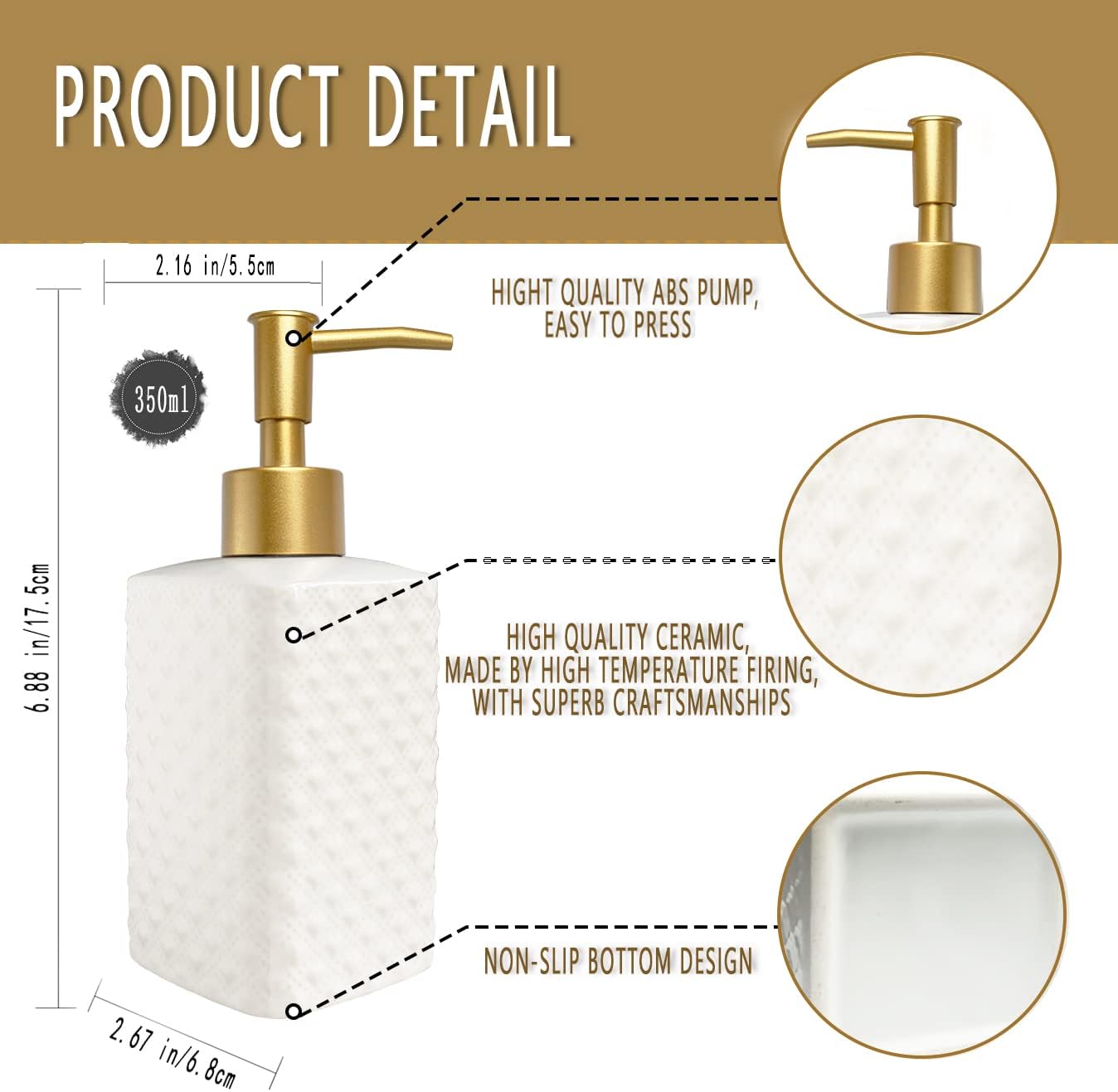 Chic Unique White Soap Dispenser for Bathroom with Golden Pump,Lotion Dispenser, Refillable Countertop Ceramic Hand Dispenser,Dish Dispenser for Kitchen 350ml(White Square Bottle) - Image 6