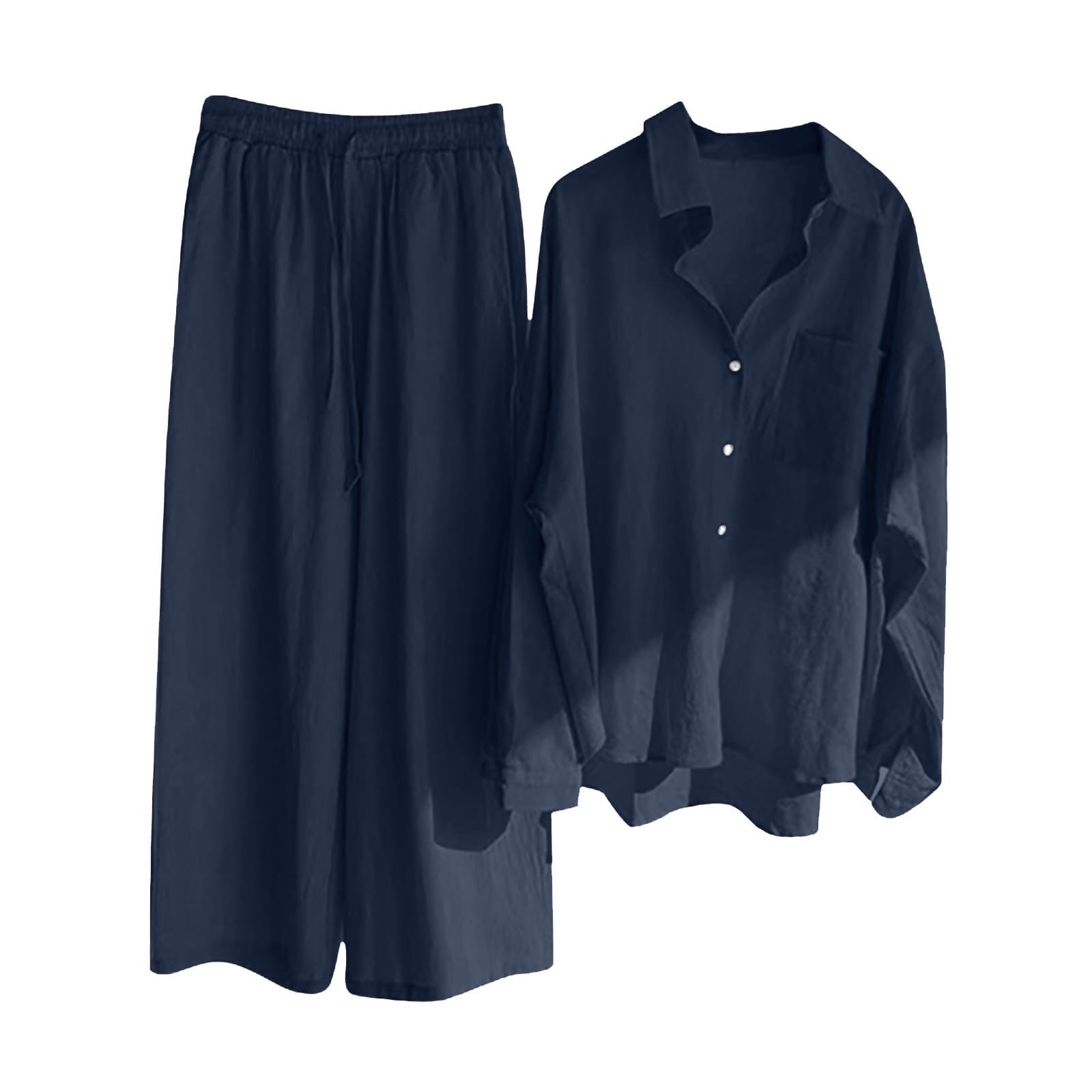 Damska koszula plus size 22 lniane co-Ord UK - letnia koszula z długim rękawem i spodnie z szerokimi nogawkami, damski 2-częściowy strój na plażę, wakacje, wyjścia, dresy wypoczynkowe