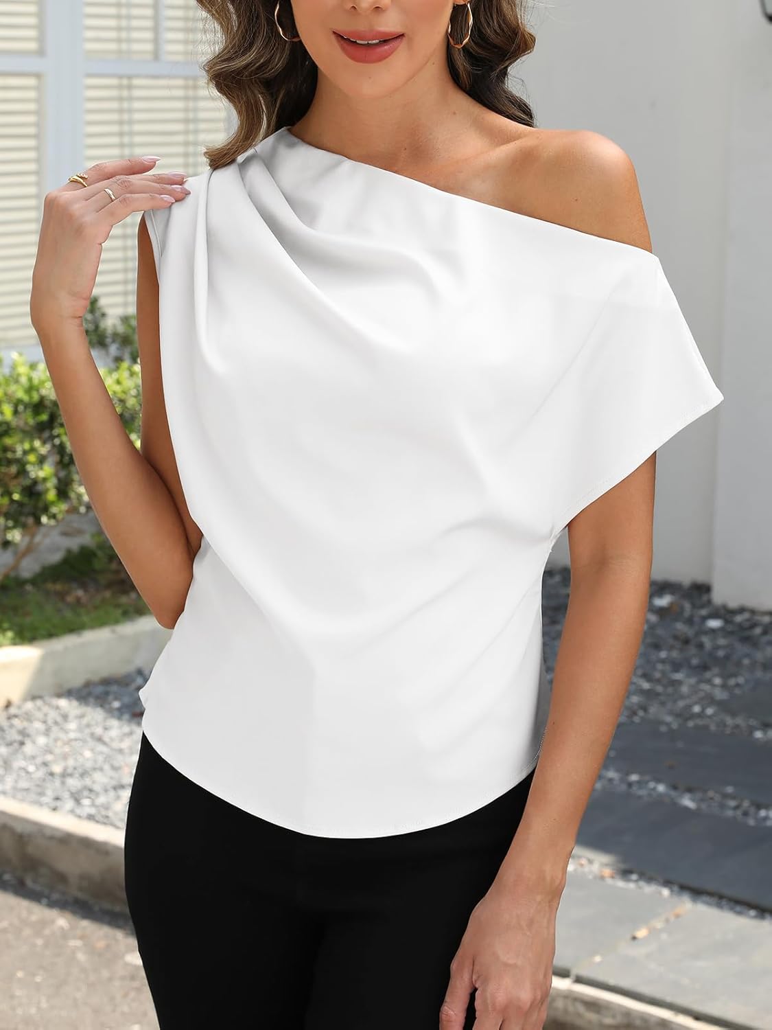 CUPSHE Women’s Tops Asymmetrical Off-Shoulder Shirt Sleeveless Ruching Satin Blouses Elegant Trendy Dressy - Image 2
