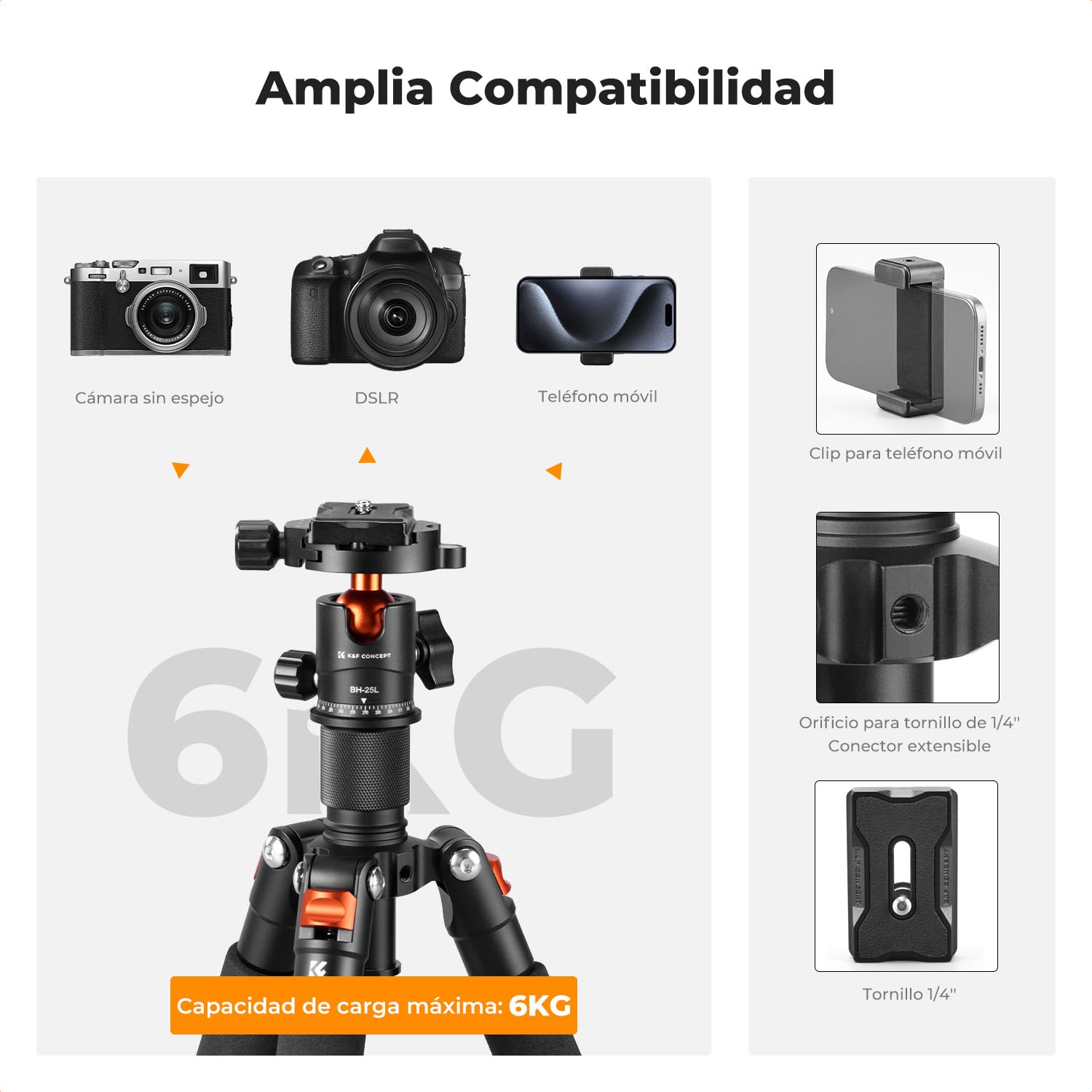 K&F CONCEPT Mini Trípode Portátil S225A0+BH-25L Trípode de Sobremesa 50cm para DSLR, Cámara Réflex Digital, Teléfono Móvil, con Clip para Teléfono y Placa de Liberación Rápida de 1/4 ''
