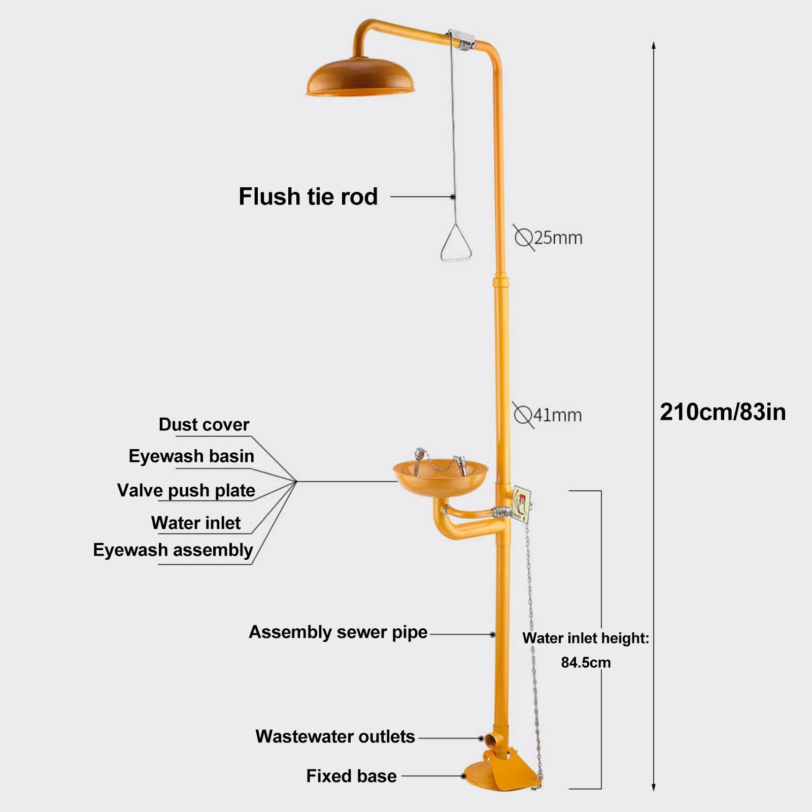 Station de Lavage oculaire et de Douche de sécurité d'urgence, en Acier Inoxydable revêtu d'ABS avec pédale, pour Une Utilisation en extérieur dans Les usines et Les laboratoires,Yellow