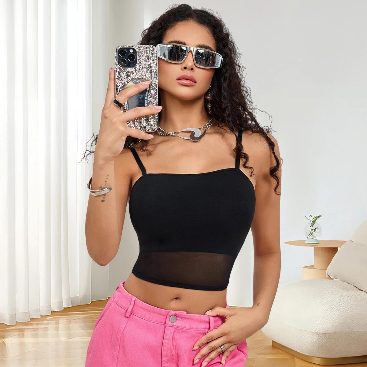 3 Pack Women Mesh Panel Spaghetti Strap Camisole Bralette Set Sheer Design Lightweight Innerwear for Lounge Daily Wear