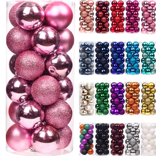 Emopeak 24Pcs Mini Christmas Balls Ornaments for Xmas Tree - 1.2 Inch Small Shatterproof Christmas Tree Decorations Hanging Ball for Holiday Wedding Party Decoration Pink