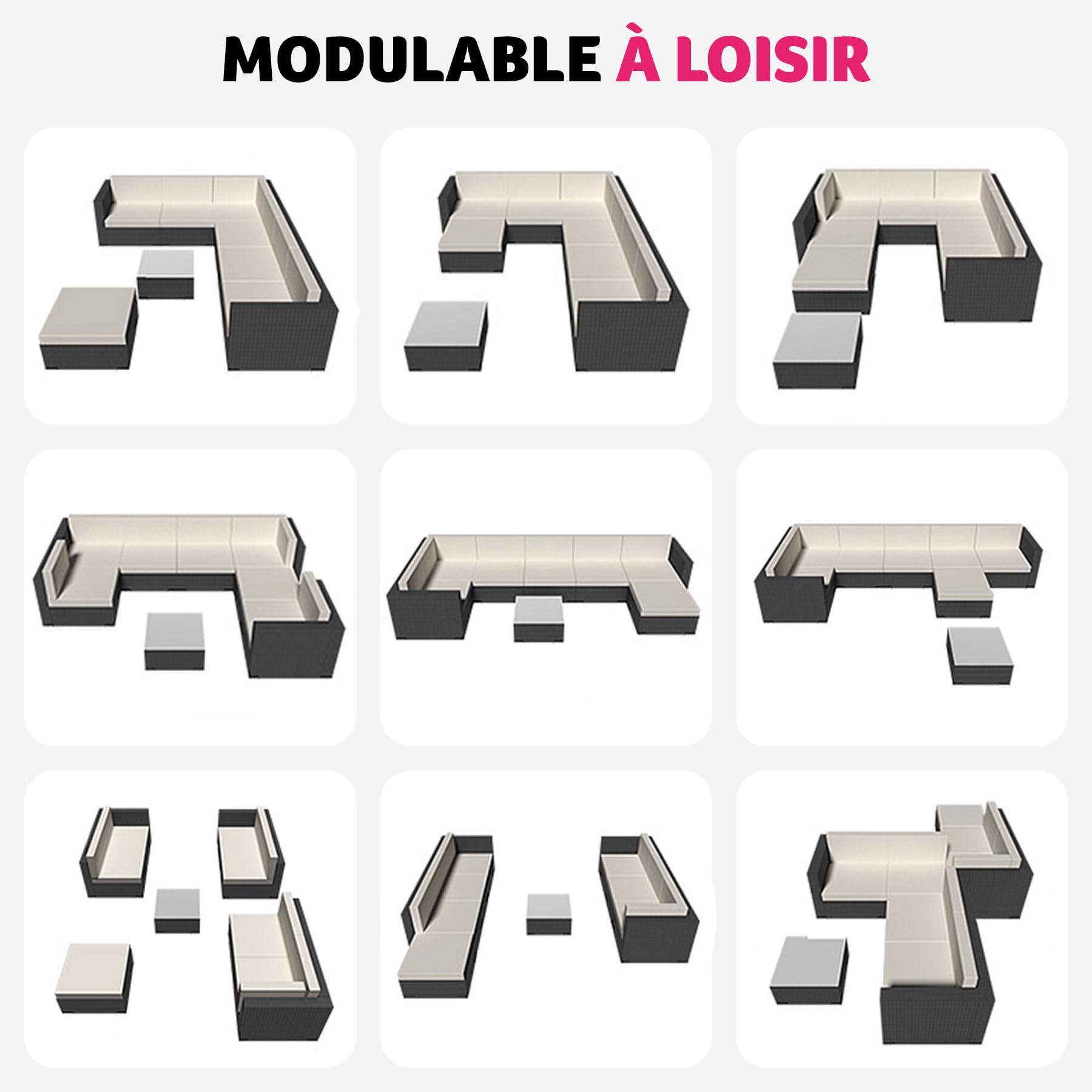 tectake® Salon de Jardin Exterieur Canapé de Jardin en Poly rotin 7 Places Modulable Cadre en Aluminium 6 Fauteuil Jardin 1 Tabouret Pouf 1 Table Coussins Inclus pour Amenagement Balcon Terrasse