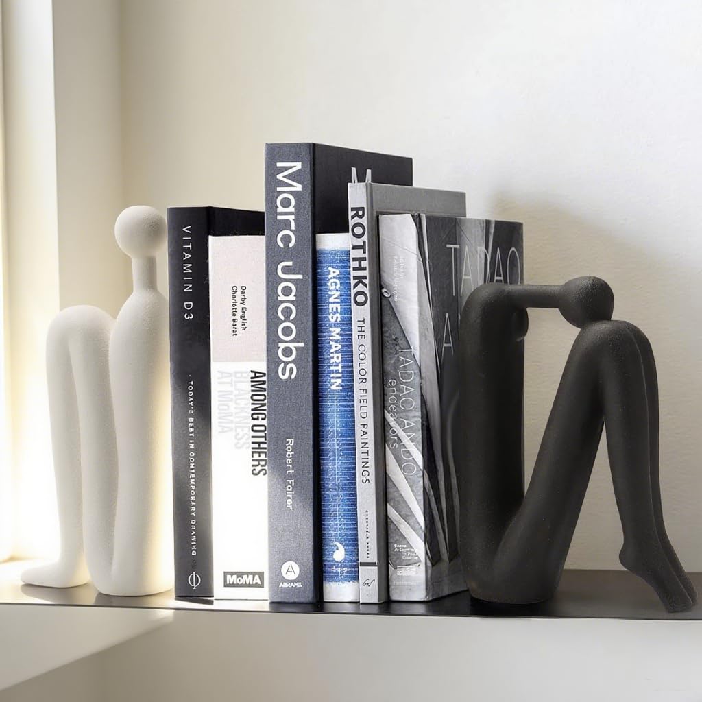 Fermalibri decorativi in ceramica per mensole, pensatore moderno, 1 paio, design ispirato in bianco e nero, supporto per libri, decorazione per casa, ufficio, biblioteca (25 cm e 1,4 kg)