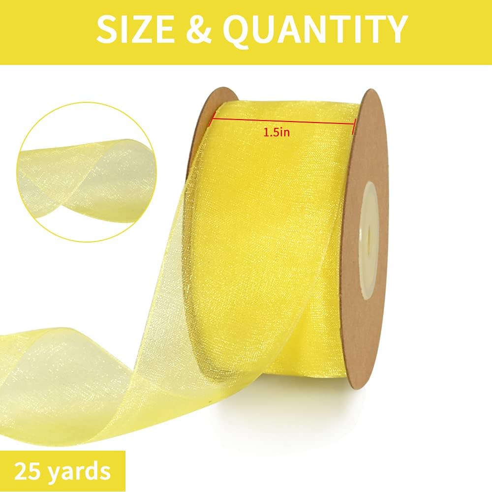 TONIFUL 1-1/2 Inch Yellow Organza Ribbon 25 Yards Sheer Chiffon Ribbons for Crafts Wedding Party Decorations Gift Wrapping Bow Making Floral Valentine's Day Christmas Decoration - Image 3