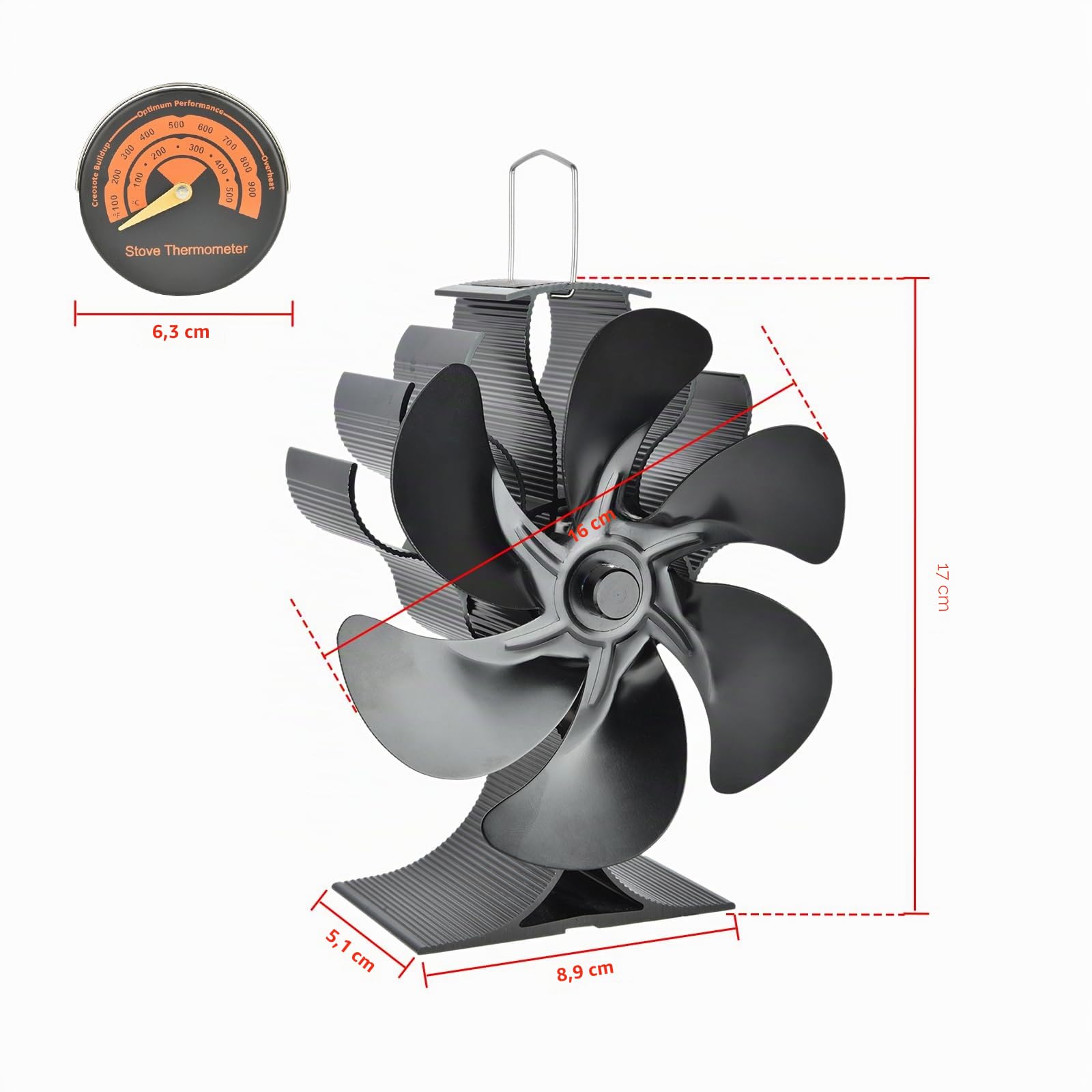 Ventilador Poele de madera,Ventilador de Poele de 6 hojas, Ventilador de estufa de leña Ecológico y de bajo consumo de energía, Funcionamiento silencioso
