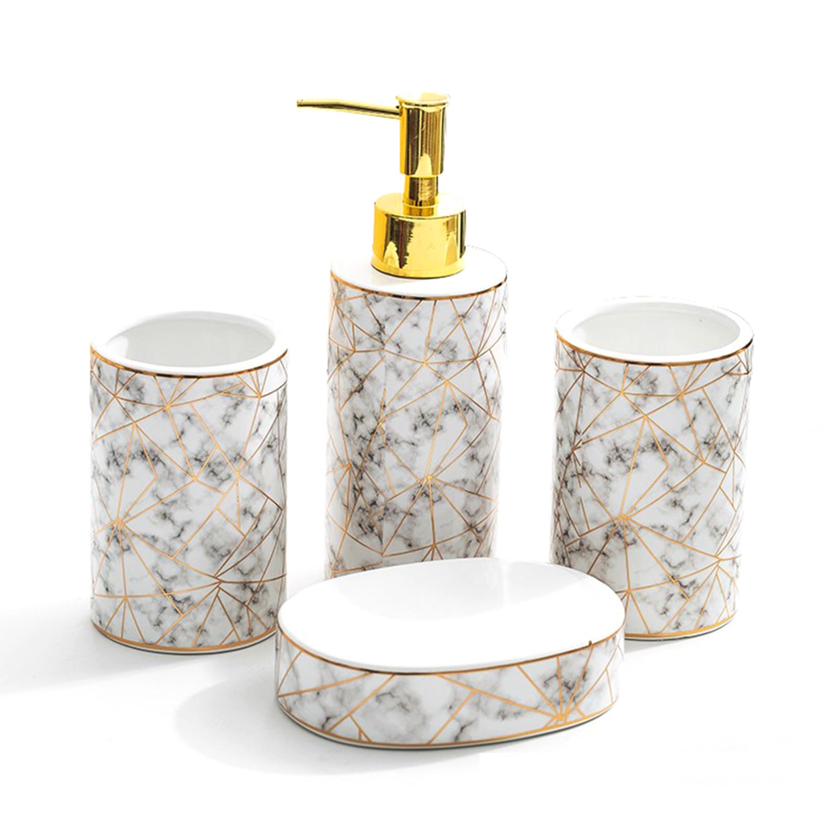 Juego de dispensador de jabón de baño de cerámica con soporte para cepillo de dientes, máquina de gárgaras y jaboneras, 5 accesorios de baño para el hogar, color blanco