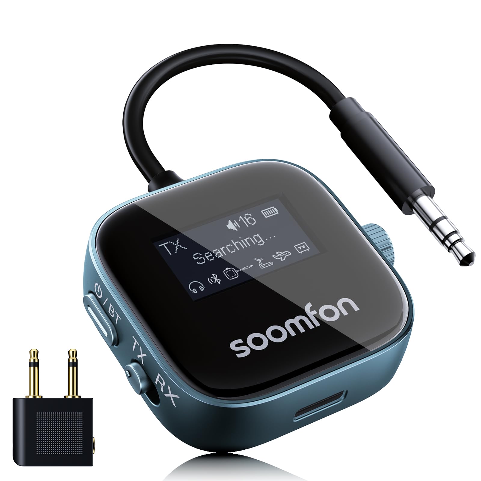 SOOMFON Transmisor Receptor Bluetooth 5.3, 2 en 1 Adaptador Bluetooth Jack | Emisor Receptor Bluetooth Doble Conexión Incluye batería, Transmisor Adaptador Bluetooth para TV Avión Auriculares Altavoces