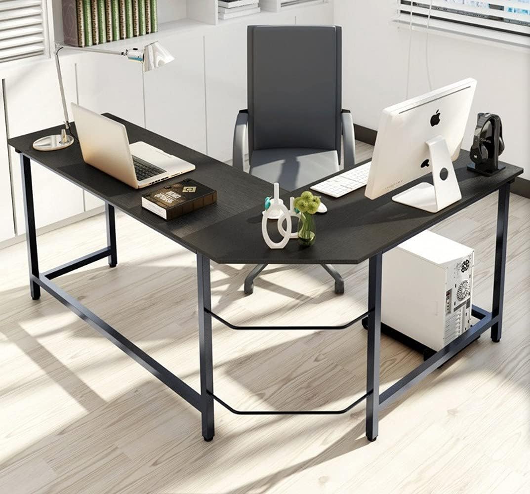 Metal Home Office Desk, L Shaped Computer Desk with PC Case Stand, Corner Study Writing Workstation Table (Black)